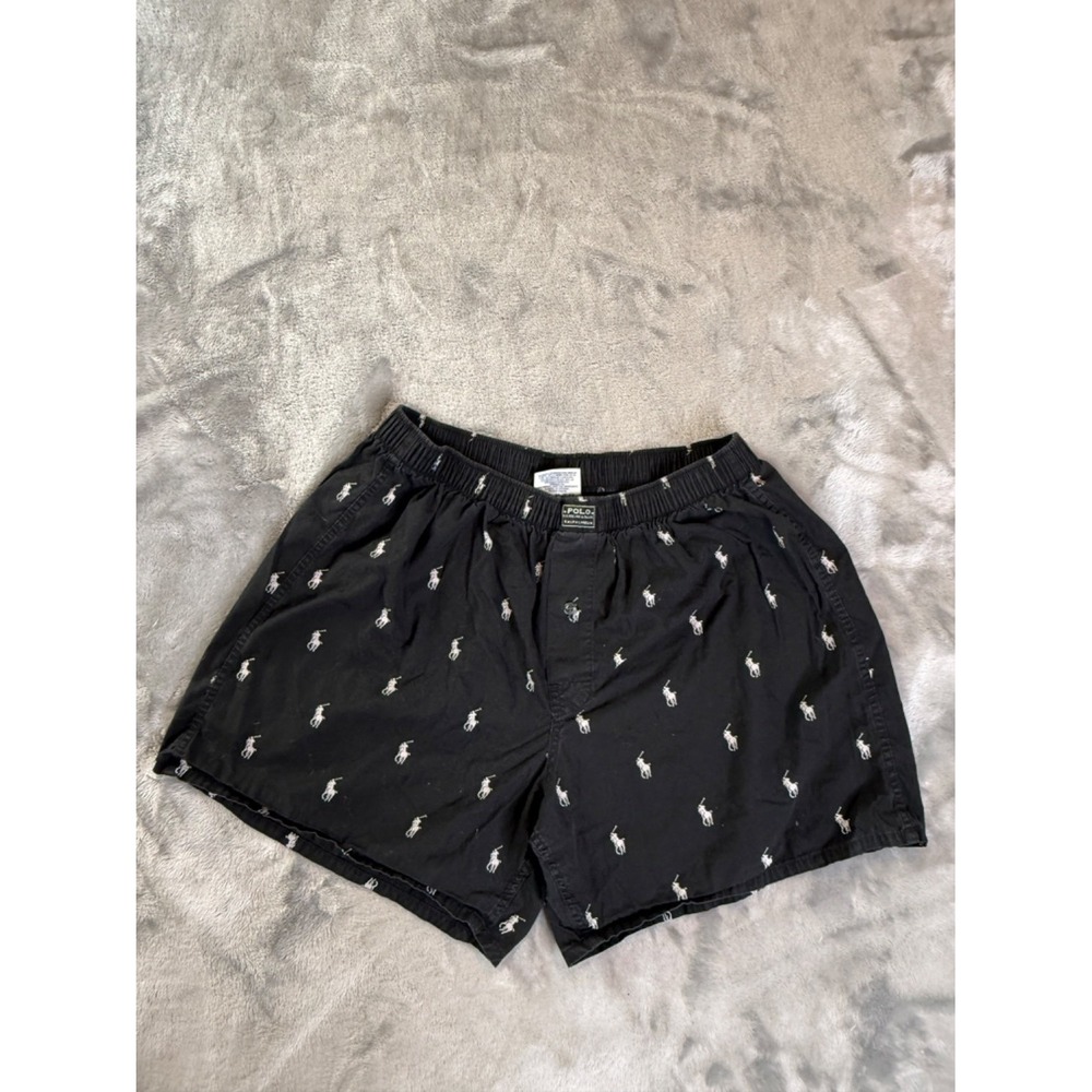 Polo Ralph Lauren Shorts Button Front AOP Black White Pony Graphic Boxers Sz M